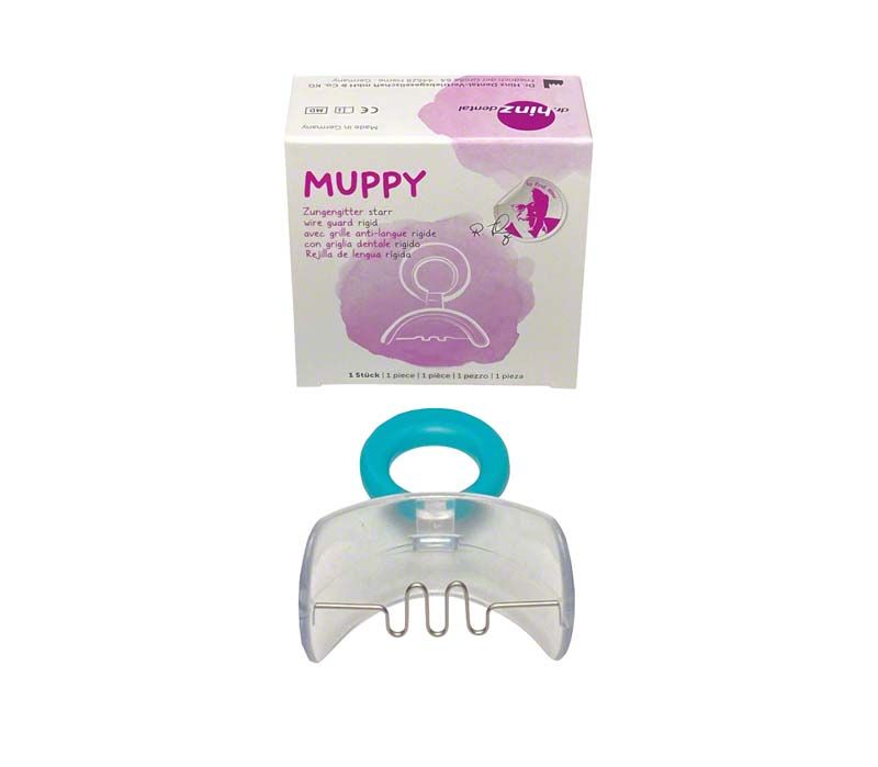 Mundvorhofplatte MUPPY® Zungengitter Gr. 2 vor Verpackung mit lila Aufdruck.