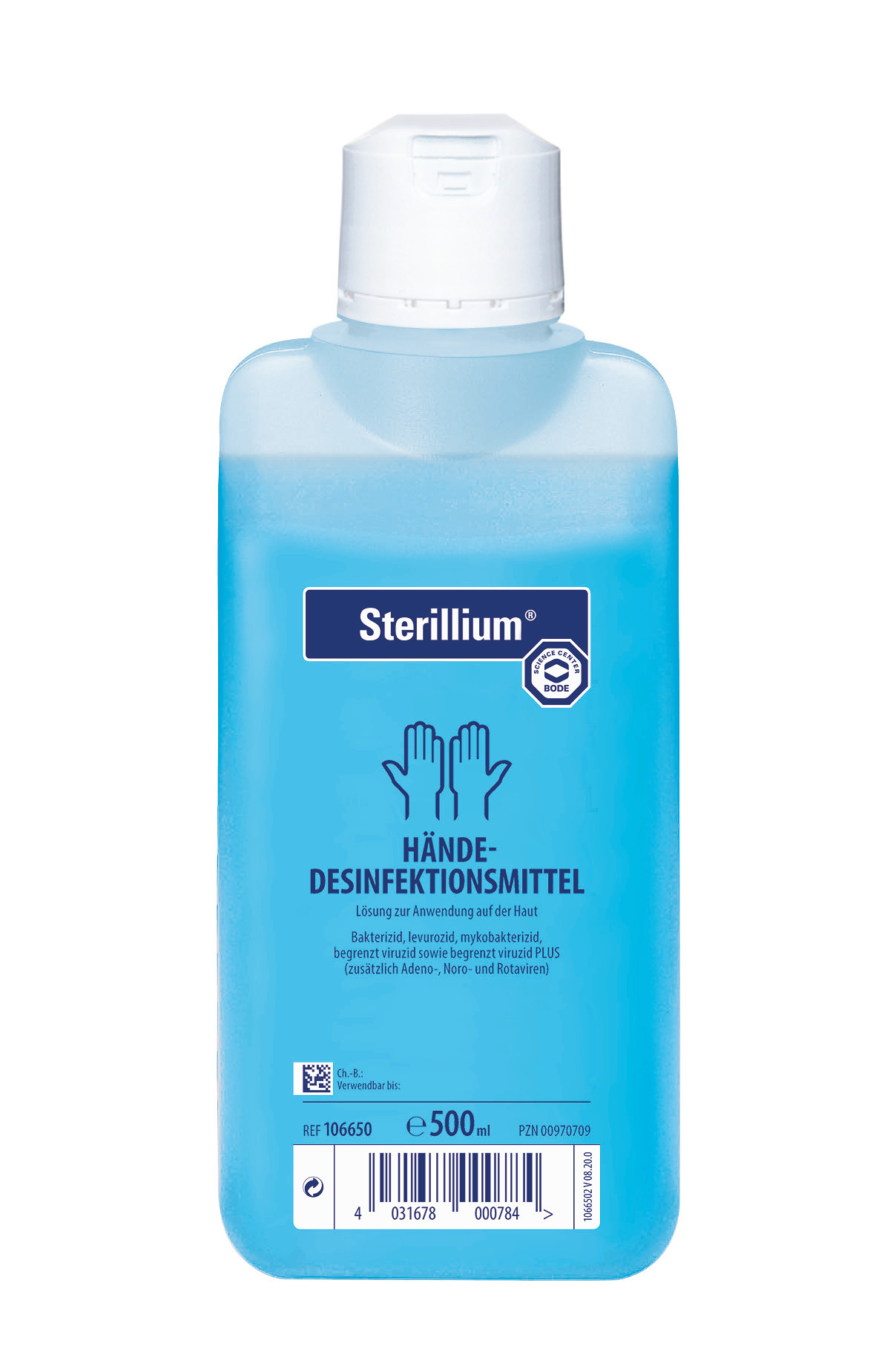 Sterillium Händedesinfektionsmittel 500 ml Flasche mit blauer Flüssigkeit.