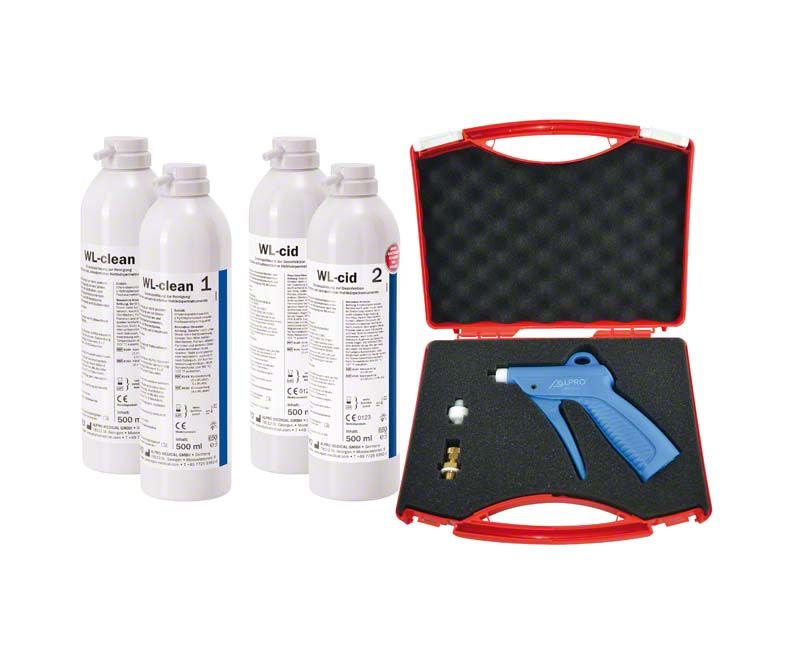 WL-blow Starterset mit Ausblasvorrichtung und Reinigungslösungen in rotem Koffer.