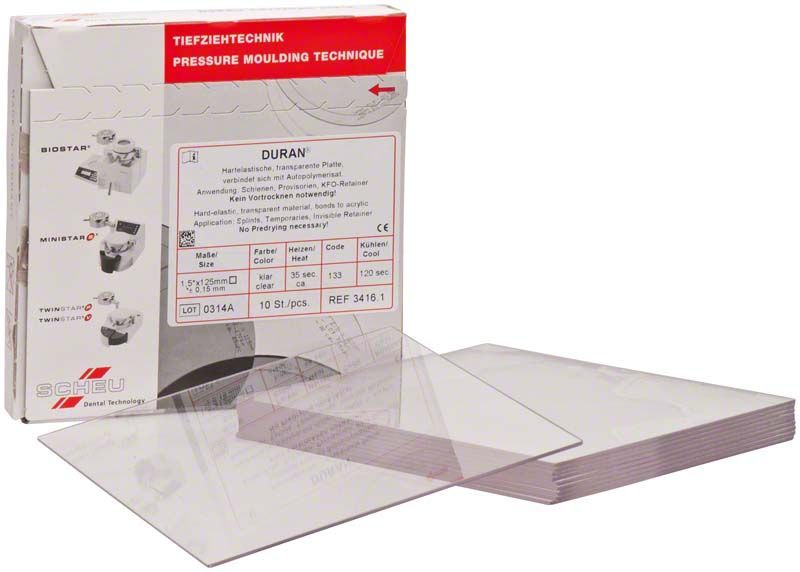 Hartelastische transparente DURAN® Tiefziehfolien für zahnmedizinische Anwendungen.