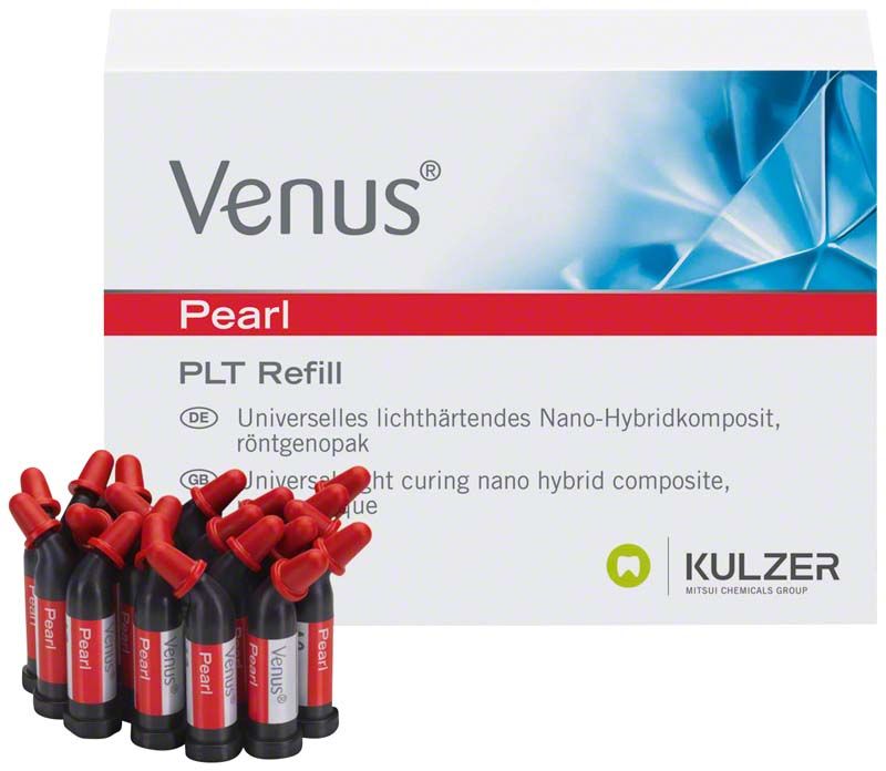 Venus Pearl PLT A3 Nano-Hybridkomposit in originaler Verpackung mit Refill-Kapseln.