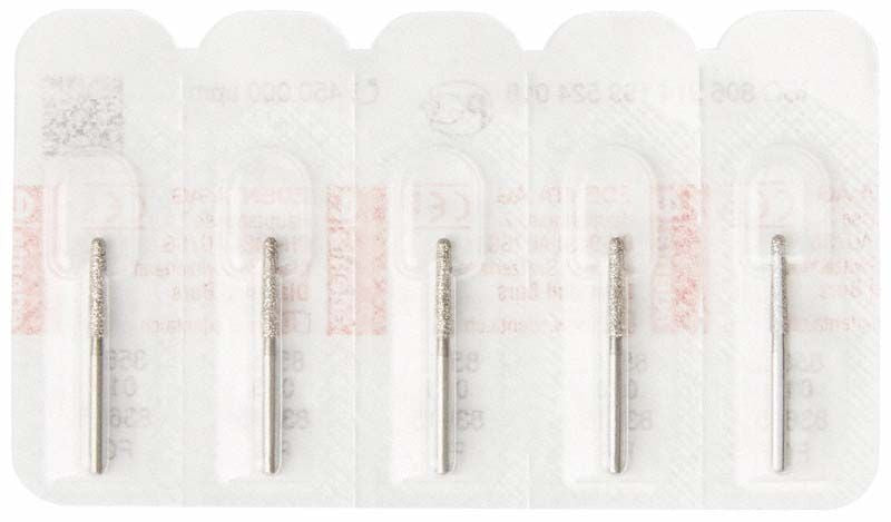 Diamantenschleifer FG 856L 018 in Blisterverpackung für Zahntechnik.