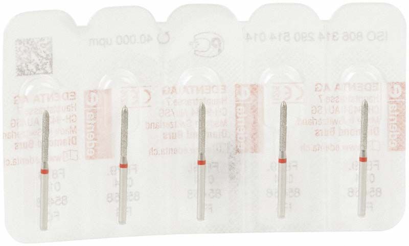 Diamantenschleifer FG 879F 014 in Blisterverpackung mit rotem Ring.
