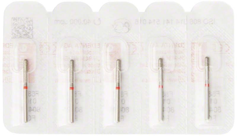FG Diamantinstrumente F881 016 rot in Blisterverpackung für zahnmedizinische Anwendungen.
