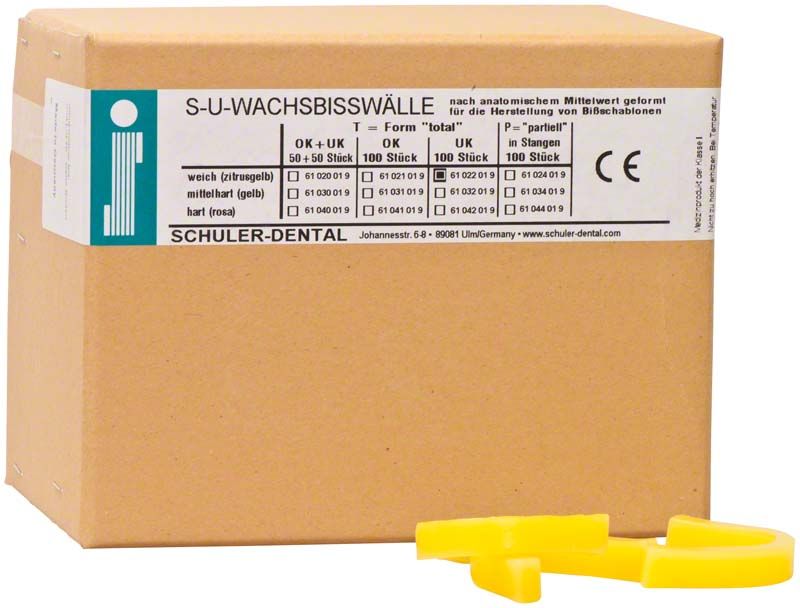 Kartonverpackung von S-U-Wachsbisswälle T Weich zitrusgelb UK mit Etikett.