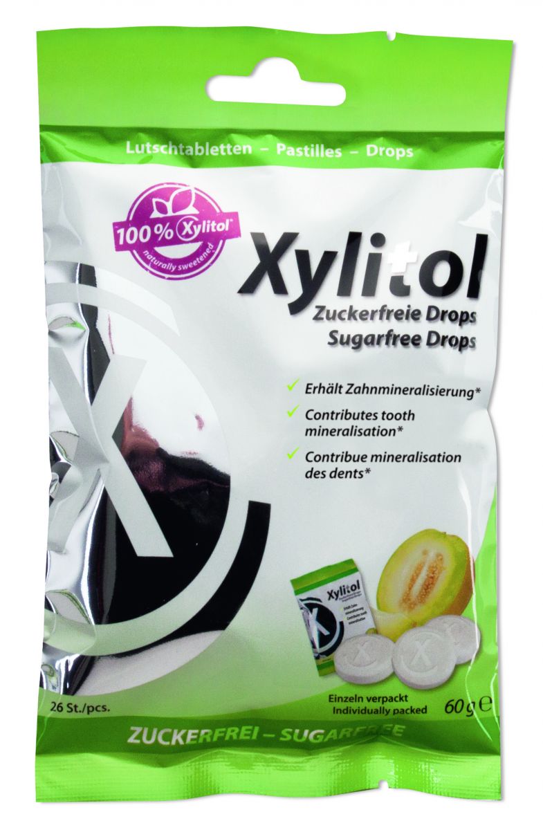 Xylitol Drops Beutel Melone mit zahnfreundlichem Melonengeschmack, 60g.