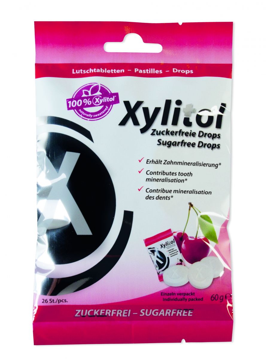 Zuckerfreie Xylitol Lutschdrops Kirsche in rosa Verpackung.
