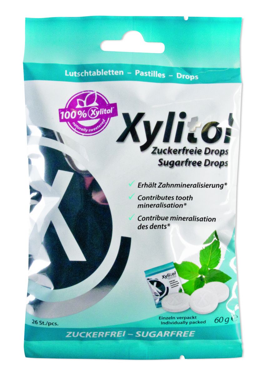 Xylitol Drops Beutel Minze mit kühl-erfrischendem Minzgeschmack, 60g Verpackung.