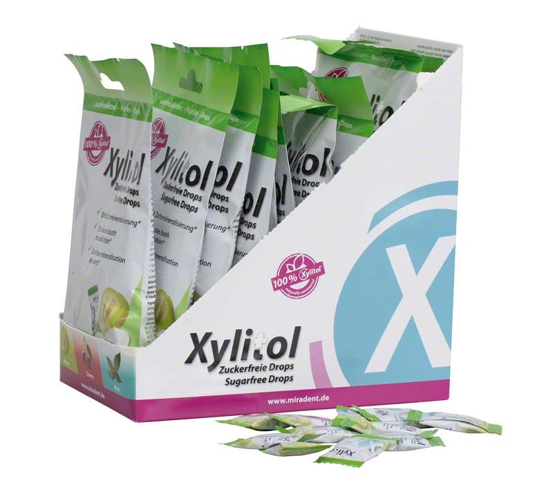 Verpackungsansicht der Xylitol Drops Display Melone in einer weißen Box.