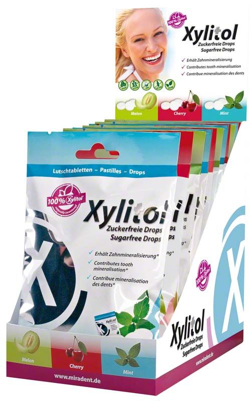 Xylitol Drops Display mit Melonen-, Kirsch- und Minzgeschmack, kariespräventiv.