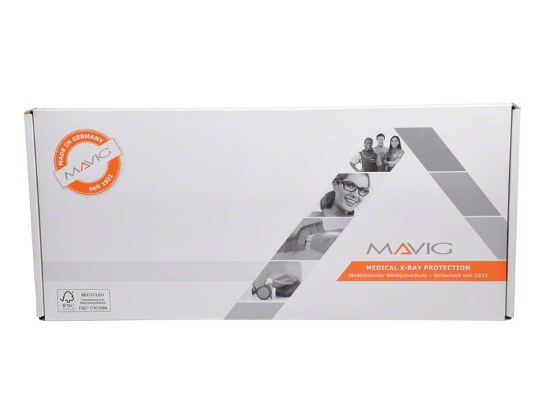 Verpackung der Panoramaschürze RD635 für Erwachsene Orchidee mit Mavig-Logo.