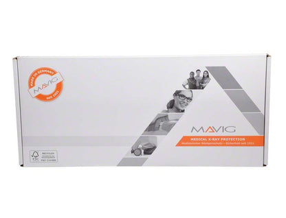 Verpackung der Panoramaschürze RD635 für Erwachsene Orchidee mit Mavig-Logo.