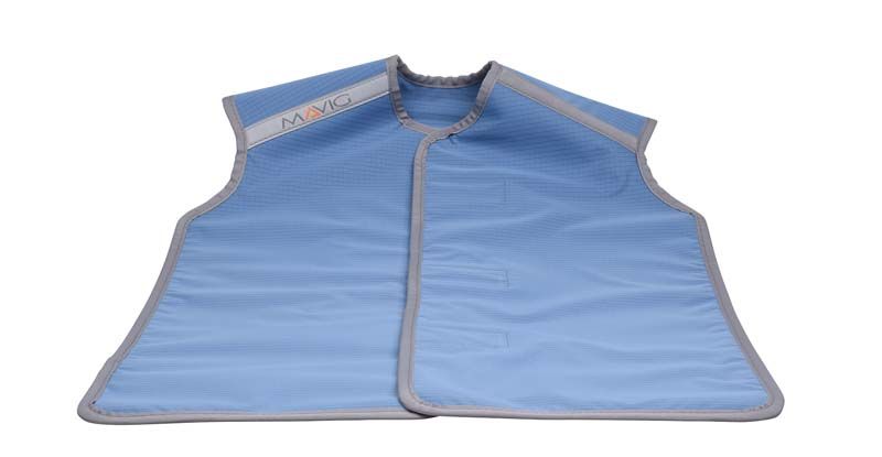 Hochwertige blaue Röntgenschürze für Kinder mit grauem Rand.