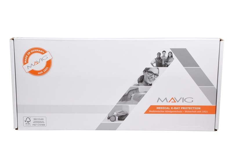 Medizinische Verpackung mit Mavig-Logo und Bildern von Röntgenschürzen.