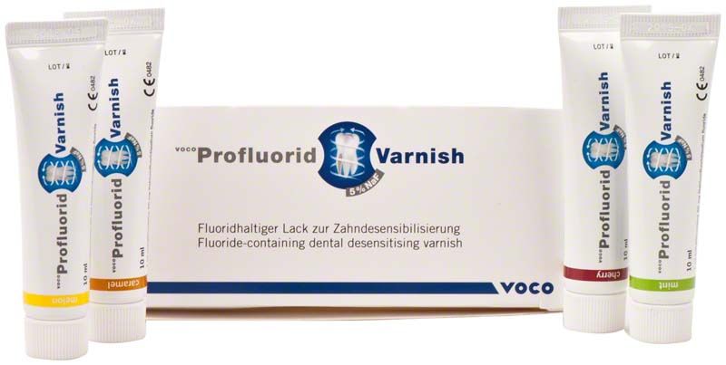 VOCO Profluorid® Varnish Tuben mit Verpackung im Hintergrund