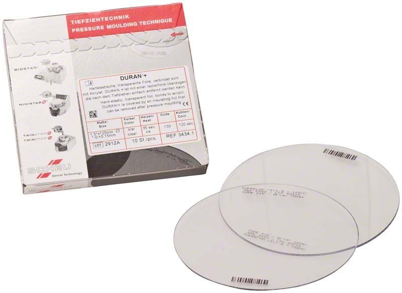 DURAN®+ Tiefziehfolien für zahnmedizinische Anwendungen in Verpackung und Detailansicht.