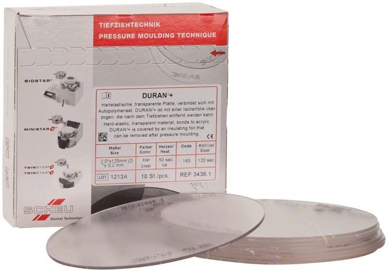 Hartelastische, transparente Tiefziehfolien DURAN®plus für dentale Schienen mit Verpackung.
