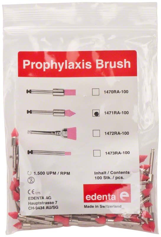 Prophylaxe Nylonbürsten rosa Flamme in Verpackung mit Produktdetails.