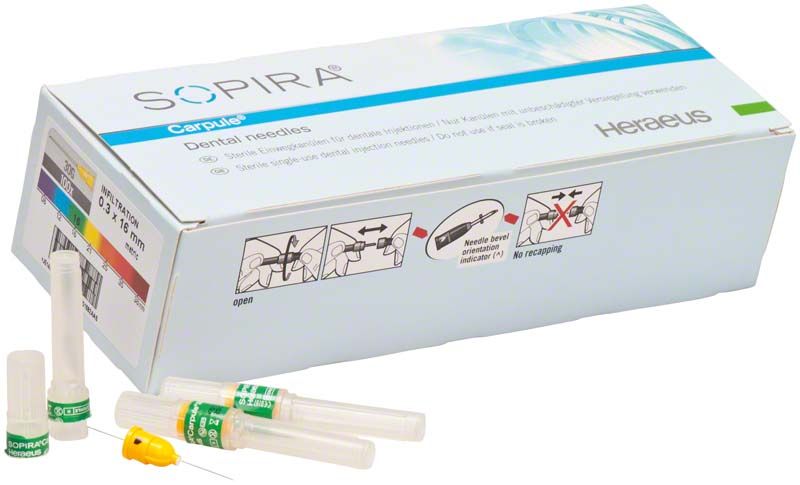 SOPIRA® Carpule® Kanülen Standard 30G Verpackung mit Kanülen und Schutzkappen.