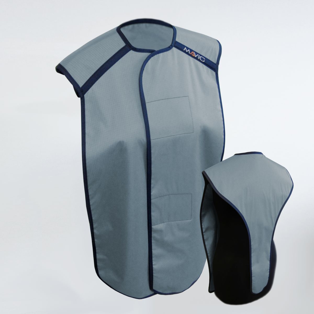 Panoramaschürze RD635 für Erwachsene, Titan, Vorder- und Rückansicht, mit Spezialband eingefasst.