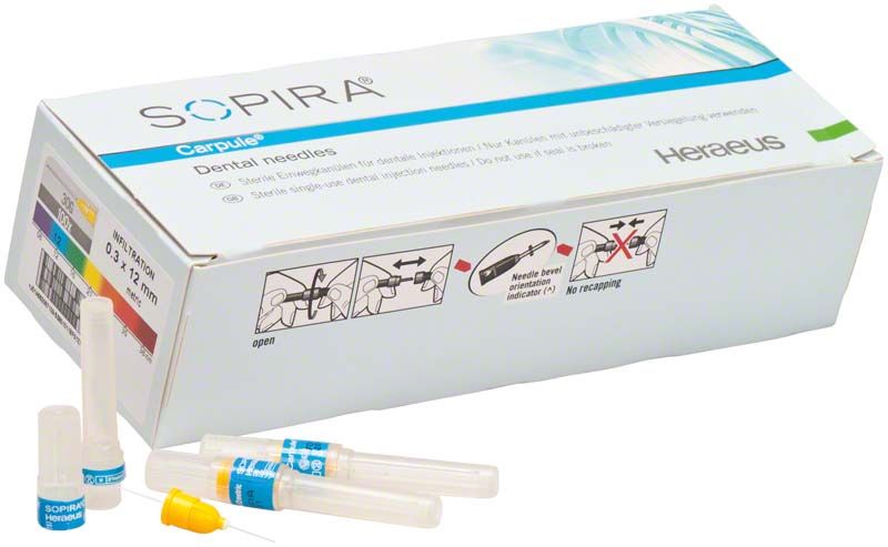 SOPIRA® Carpule® Kanülen 30G, 0,3 x 12 mm, blau, in Verpackung.