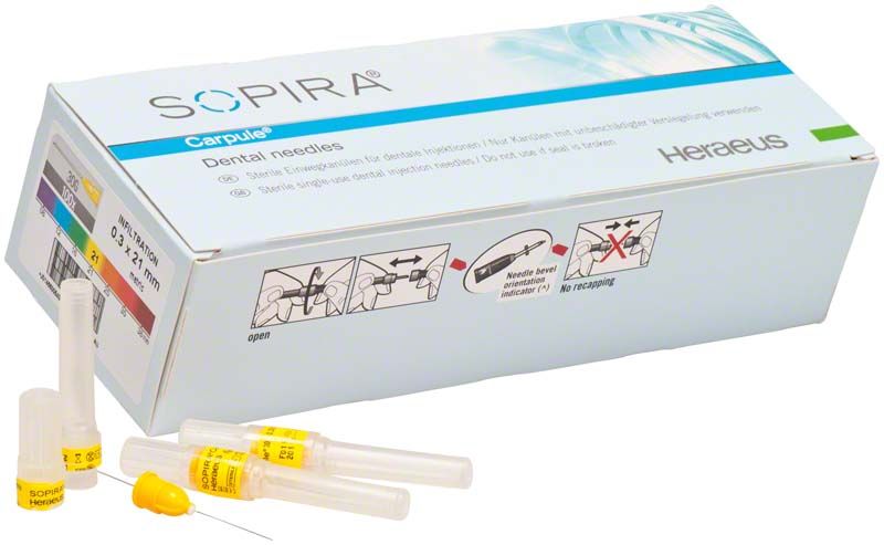 SOPIRA® Carpule® Kanülen 30G, gelb, mit Verpackung und Einzelkanülen.