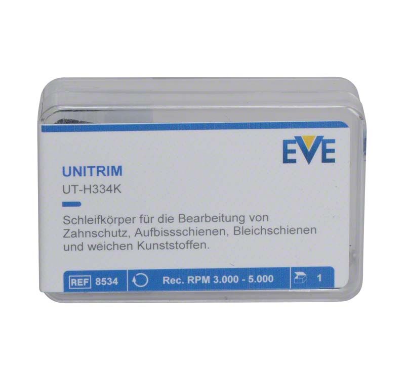 Kunststoffverpackung des Schleifkopfs EVE UNITRIM UT-H334K mit Produktschriftzug.