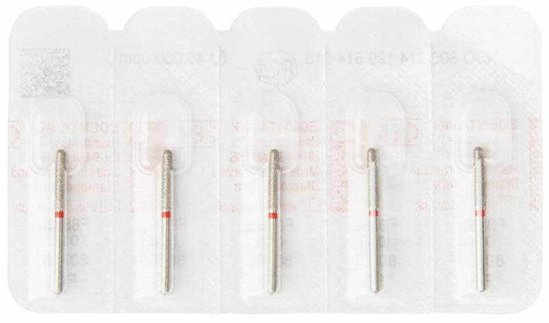 Blisterverpackung mit fünf Diamant-FG 856LF 018 Dentalbohrern.