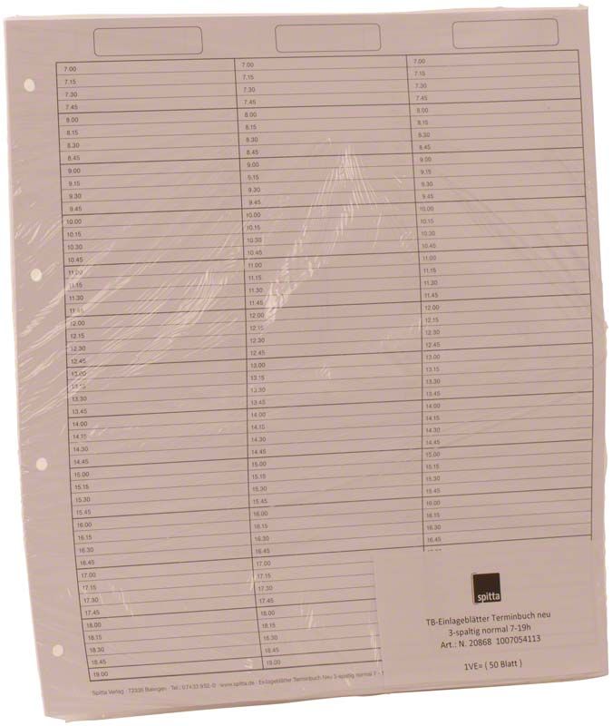 Terminbucheinlage mit drei Spalten von 7 bis 19 Uhr.