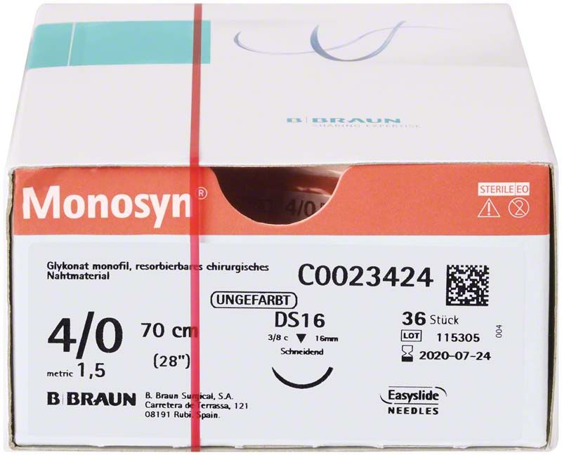 Monosyn® chirurgisches Nahtmaterial, Größe 4/0, 70 cm, DS16, 36 Stück.