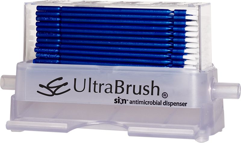 UltraBrush® Applikatoren Spender Kit mit blauen Applikatoren in transparenter Box.