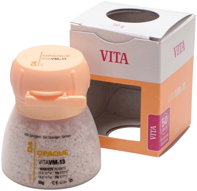 VM13 Opaque 50g D4 Zahnersatzmaterial in weißer Verpackung.