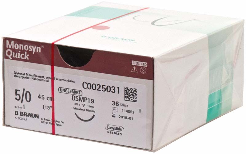 Monosyn® Quick chirurgisches Nahtmaterial in Originalverpackung, Größe 5/0, 45 cm.