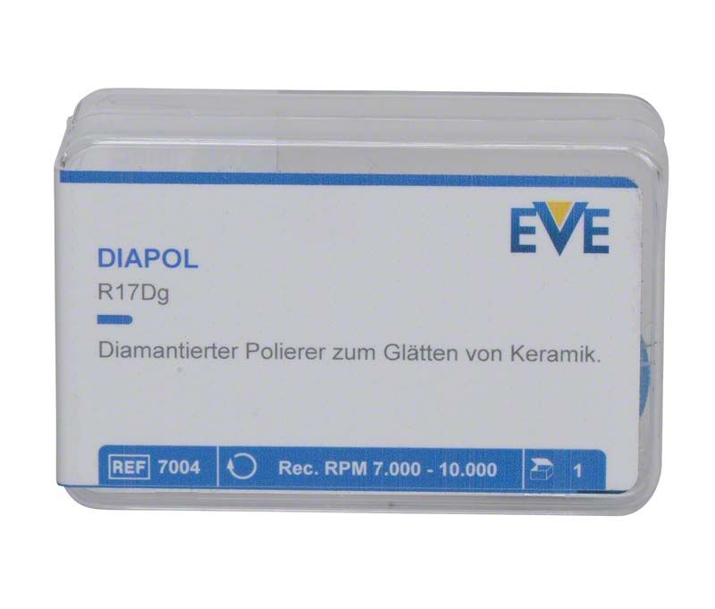 Kunststoffverpackung des EVE Diapol R17Dg mit Produktschriftzug und technischen Details.