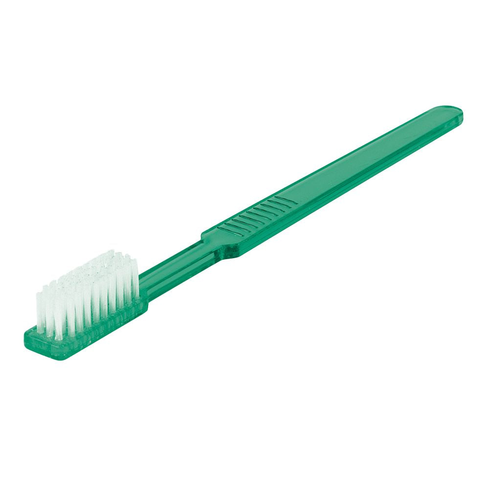 Einmalzahnbürste grün mit Zahnpasta imprägniert, ideal für unterwegs.