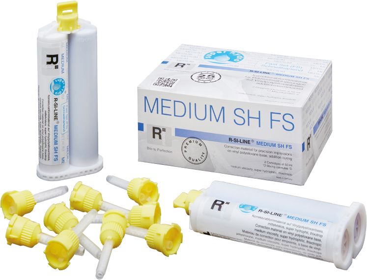 R-SI-LINE ® MEDIUM SH FS Abformmaterial mit Kartuschen und Mischspitzen.