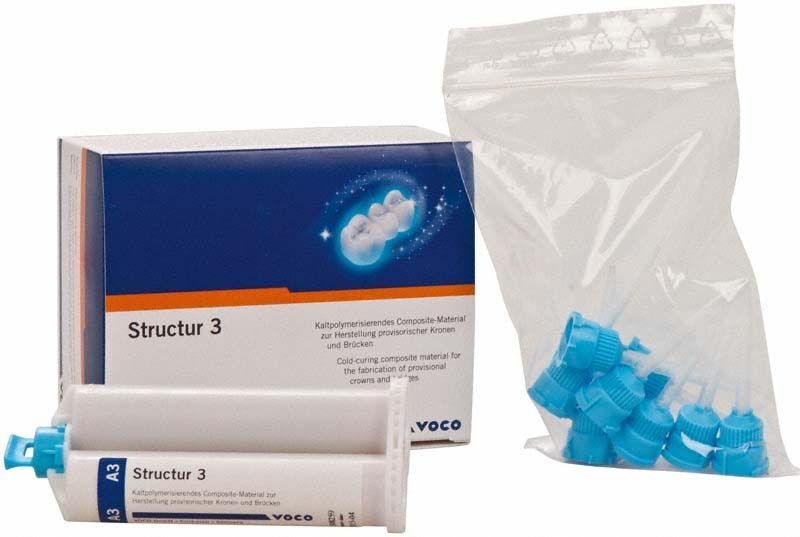 Structur 3 Kartusche A3 50ml mit Verpackung und blauen Mischspitzen.