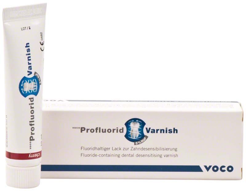 VOCO Profluorid® Varnish Tube 10ml und Verpackung in Kirsche-Geschmack.