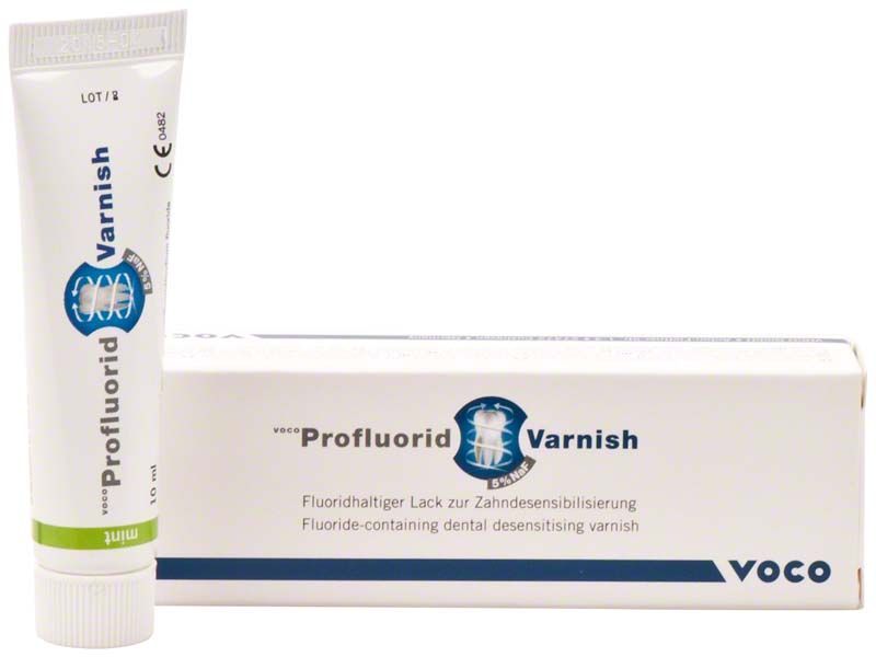 VOCO Profluorid® Varnish Tube 10ml Minze mit Verpackung und Logo.