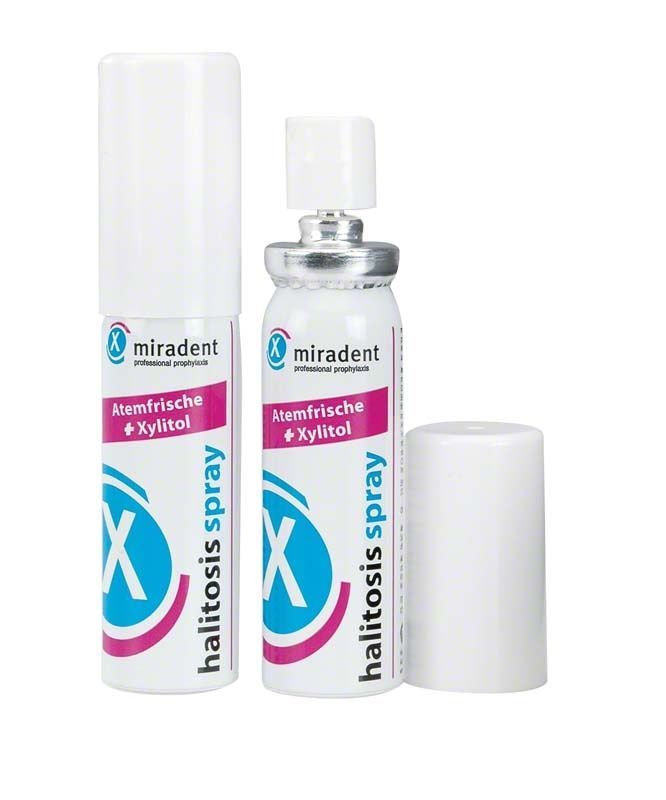 miradent halitosis spray mit Xylitolzusatz, zwei Flaschen mit abnehmbarem Deckel