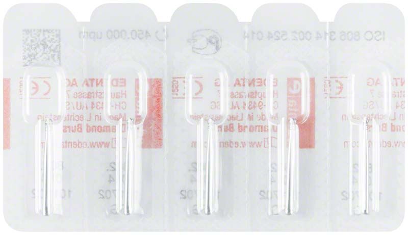 Blisterpackung mit vier Diamant FG 802 014 Dentalbohrer.