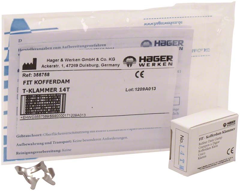 Verpackung der Fit-Kofferdam® T-Klammer 14T molar mit Klammer vorne.