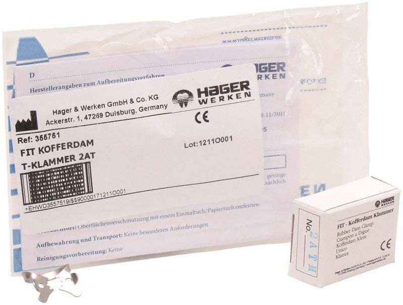 Fit-Kofferdam® T-Klammer 2AT Prämolar-Verpackung mit Klammern und Anleitung.