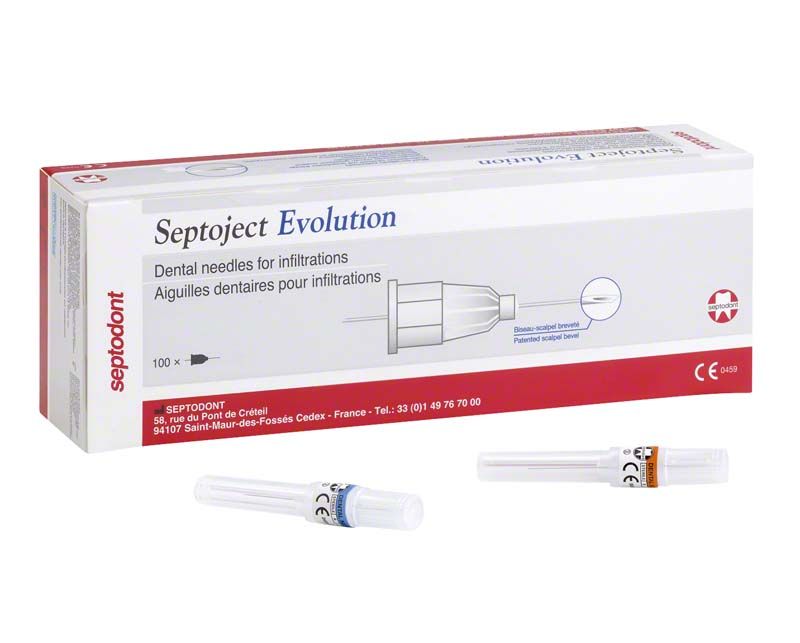 Septoject Evolution 27G Einwegkanülen-Verpackung und einzelne Kanülen.