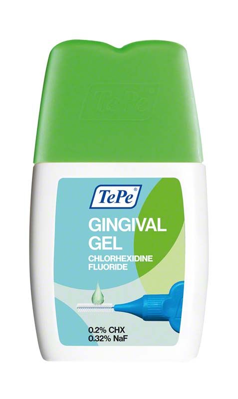 TePe Gingival Gel mit Chlorhexidin und Fluorid in weiß-grüner Verpackung.