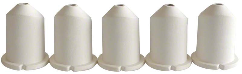 Fünf weiße Keramiktiegel für Nichteisenmetall-Gießverfahren.