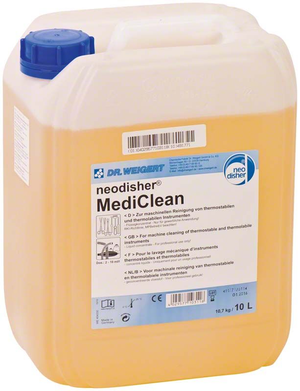 Neodisher MediClean 10-Liter-Kanister für Instrumentendesinfektion in der Dentalbranche.