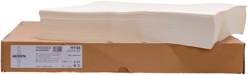 Sterilisationspapier 50x50cm in Weiß, 500 Blatt auf Kartonverpackung.