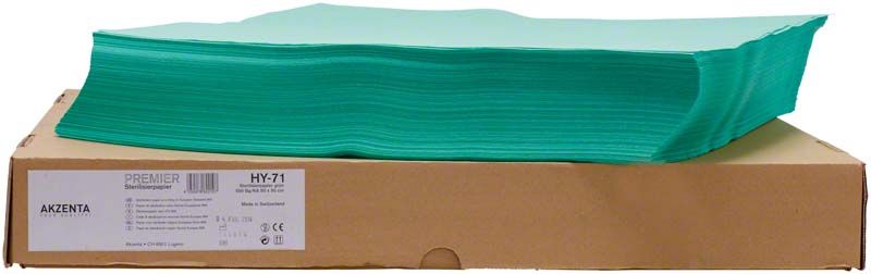 Sterilisationspapier 50x50cm Grün, 500 Bögen auf Kartonverpackung.