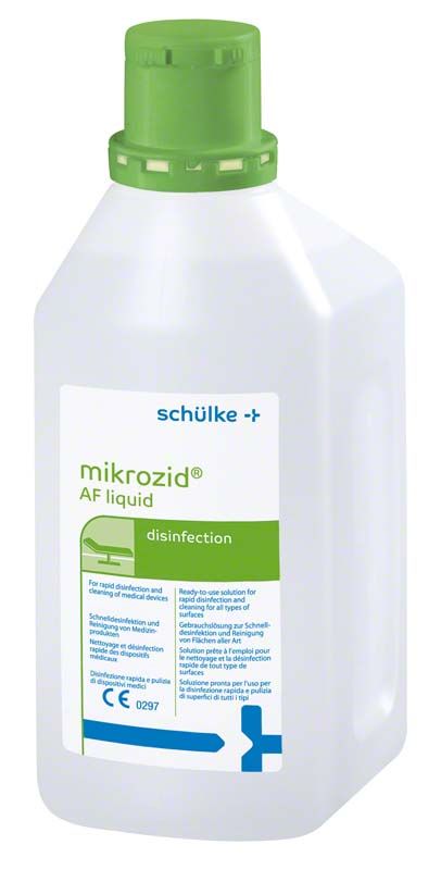 Mikrozid® AF liquid 1 Liter Flasche mit grünem Verschluss und Etikett.